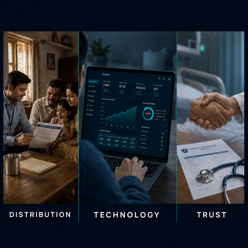 Editorial triptych — Distribution, Technology and Trust — three sides of AI Protect's compounding moat in health insurance.
