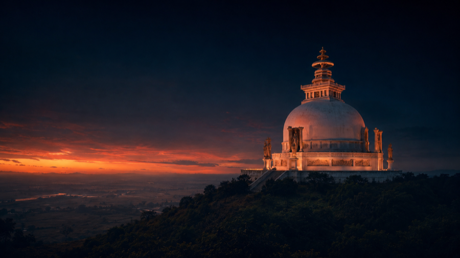 Dhauli Shanti Stupa at twilight near Bhubaneswar — the historical seat where Emperor Ashoka chose protection over war.
