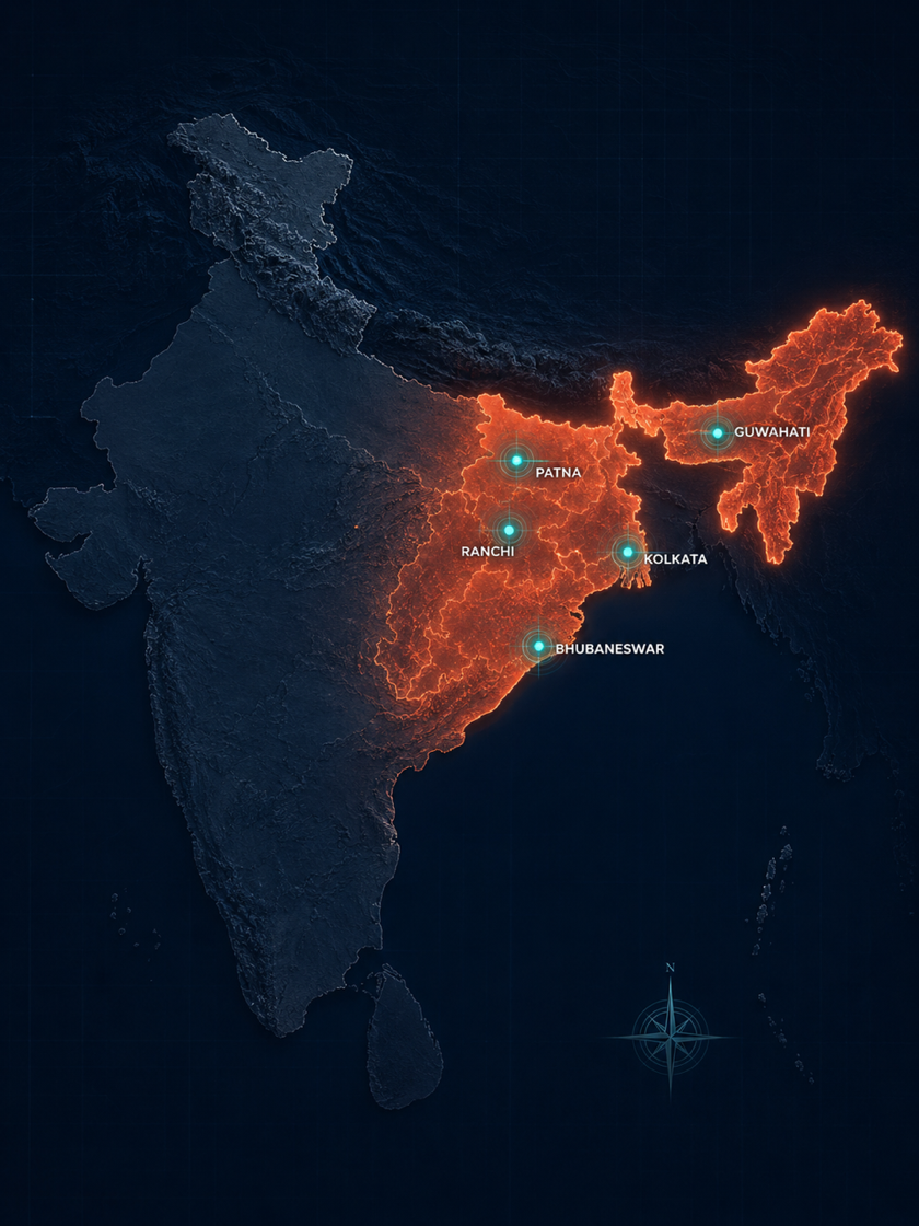 Editorial heat-signature map of East and North-East India with city markers.
