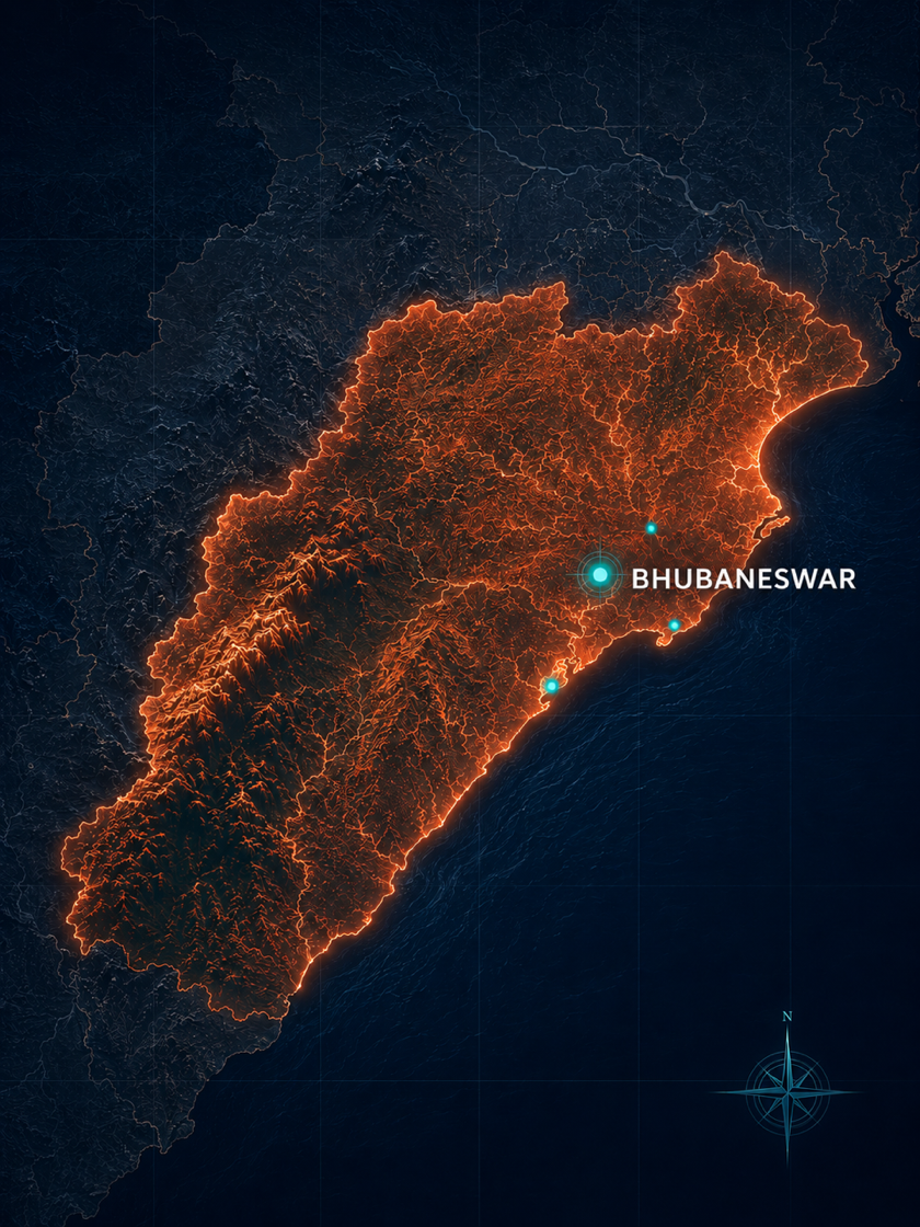 Topographic close-up of Odisha state with Bhubaneswar marked on the eastern coast.