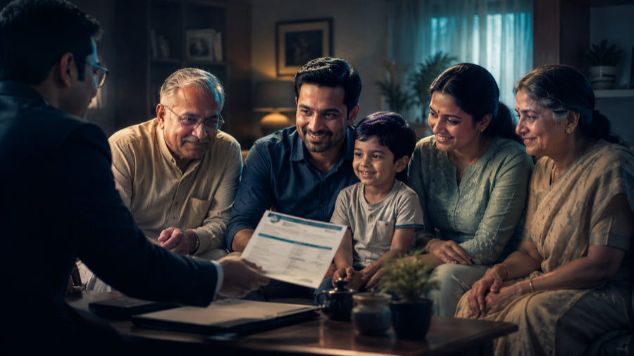 Advisor guiding an Indian family through adequate health cover.
