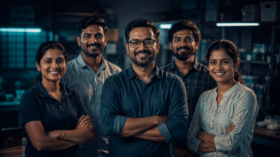 A small Indian business team protected by group health benefits.